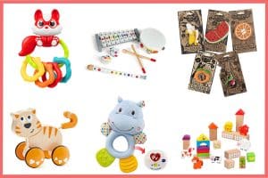 La imagen muestra una colección de juguetes coloridos para niños, incluyendo mordedores, instrumentos musicales y bloques de construcción. Juguetes para niños de 0 a 3 años