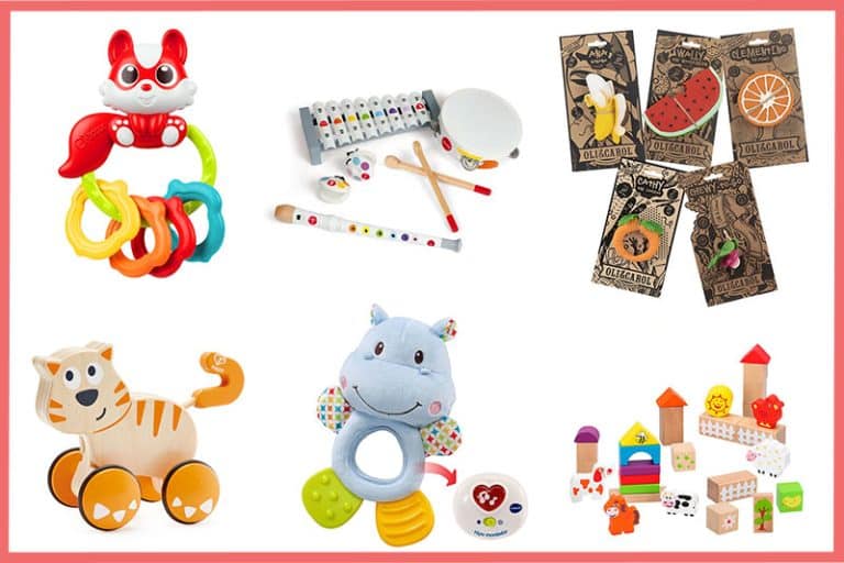 La imagen muestra una colección de juguetes coloridos para niños, incluyendo mordedores, instrumentos musicales y bloques de construcción. Juguetes para niños de 0 a 3 años