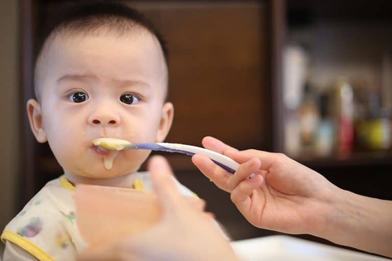 La imagen muestra a un bebé con una expresión cautelosa, siendo alimentado con una cuchara por una mano adulta, posiblemente durante su primera experiencia con comida sólida. El fondo es borroso, centrando la atención en la acción. Mi hijo solo come yogures, pasta, patatas…