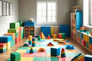 Una sala de terapia infantil de centros de atención temprana, luminosa con esteras de espuma multicolores en el piso y muebles coloridos. Incluye elementos de juego como cubos y rampas de espuma, diseñados para el desarrollo motriz de los niños, bajo una atmósfera acogedora y estimulante, bañada por la luz natural de las ventanas.