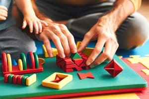 Esta imagen muestra las manos de un adulto y un niño jugando con bloques de construcción de madera de colores en una alfombra de juego con diferentes formas geométricas. El adulto parece estar ayudando al niño a encajar las piezas en los espacios correspondientes.