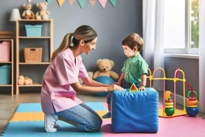 La imagen muestra una cuidadora profesional con uniforme rosa asistiendo a un niño pequeño vestido con una camisa verde y pantalones cortos de mezclilla. El niño está de pie, apoyándose en un cubo de terapia acolchado azul. La sala de uno de los centros de atención temprana está equipada con coloridas alfombras de enclavamiento en el suelo y juguetes diseñados para el desarrollo de habilidades motoras, incluyendo un juguete de tablero con clavijas amarillo y verde colocado sobre el cubo. El ambiente es luminoso y alegre, con luz natural que entra por la ventana, lo que proporciona un entorno acogedor para la intervención temprana en la infancia.