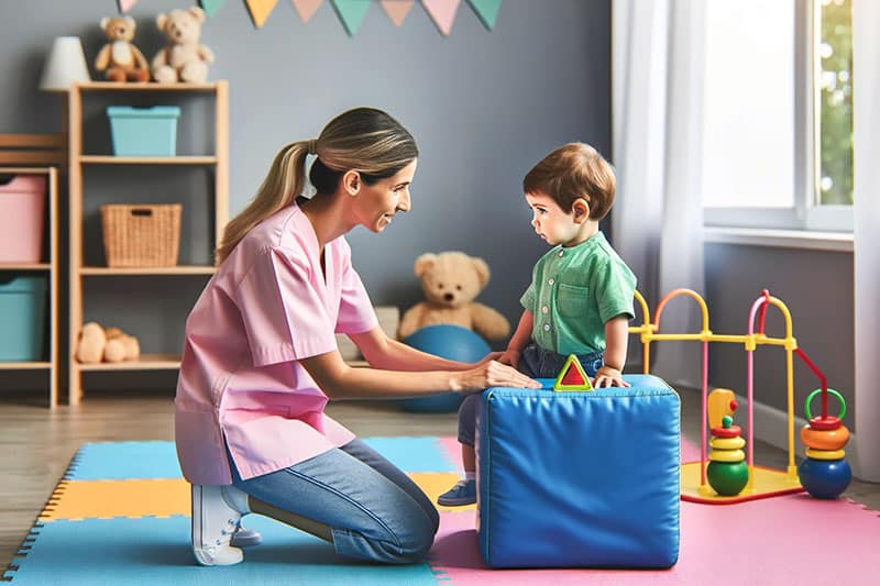 La imagen muestra una cuidadora profesional con uniforme rosa asistiendo a un niño pequeño vestido con una camisa verde y pantalones cortos de mezclilla. El niño está de pie, apoyándose en un cubo de terapia acolchado azul. La sala de uno de los centros de atención temprana está equipada con coloridas alfombras de enclavamiento en el suelo y juguetes diseñados para el desarrollo de habilidades motoras, incluyendo un juguete de tablero con clavijas amarillo y verde colocado sobre el cubo. El ambiente es luminoso y alegre, con luz natural que entra por la ventana, lo que proporciona un entorno acogedor para la intervención temprana en la infancia.