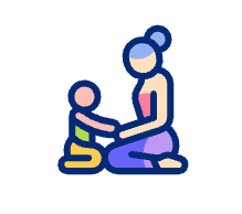 Ilustración de un adulto sentado en el suelo, de cara a un niño y cogido de su mano; ambos representados con formas sencillas y coloridas, lo que refleja la calidez y la conexión que suelen caracterizar a la terapia ocupacional infantil en Madrid.